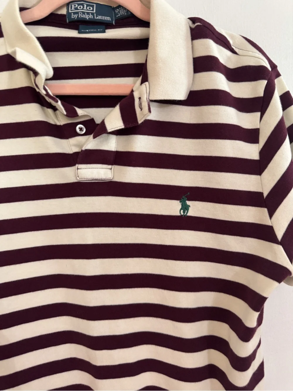 Ralph Lauren Burgundy and Cream Striped Polo with green horse logo embroidery L